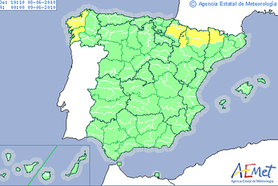 Previsión de la AEMET para hoy martes. En alerta amarilla están Navarra, Pontevedra y A coruña y zonas de Zaragoza, Huesca y Lleida