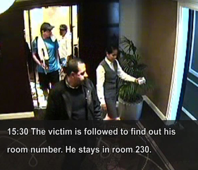 Imágenes grabadas en el vídeo de seguridad del hotel donde se alojaba el palestino Mahmud al Mabhuh, muestran como dos deportistas, agentes del Mosad siguen al líder de Hamás hasta la planta en la que se encuentra su habitación, la número 230, donde finalmente le asesinan.