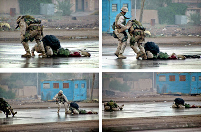 Combo de fotos que muestra cómo el  marine  norteamericano Ryan P. Shane cae herido cuando intentaba rescatar a un compañero herido durante la batalla de Faluya ( Irak), en diciembre de 2004.