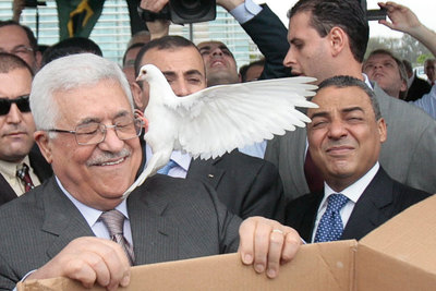 Una paloma se posa en la cara del presidente palestino Mahmud Abbas, durante la colocación de la piedra fundamental de la que será la sede de la embajada en Brasil