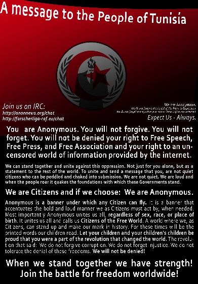 Cartel colgado en inglés por Anonymous en las webs públicas tunecinas atacadas a petición de los jóvenes internautas.
