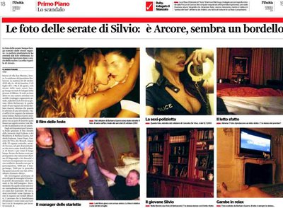 Página del diario italiano  L'Unitá,  con imágenes de las fiestas de Berlusconi tomadas por algunas de las asistentes.