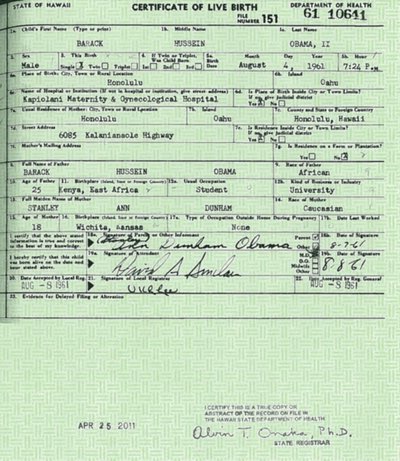 Imagen del certificado de nacimiento de Obama difundido por la Casa Blanca.