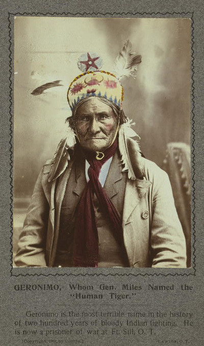 Un cartel, con un retrato del jefe de los apaches, Gerónimo, celebra su arresto: 