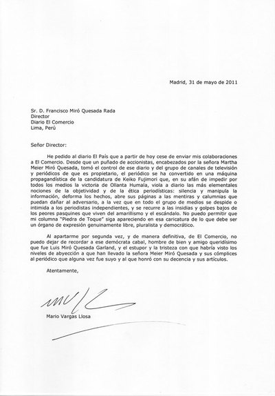 Vargas Llosa rompe con el diario peruano 'El Comercio' por favorecer a Keiko Fujimori