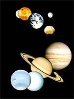 Composición de imágenes tomadas por sondas espaciales de los planetas del sistema solar, excepto Plutón, más la luna.