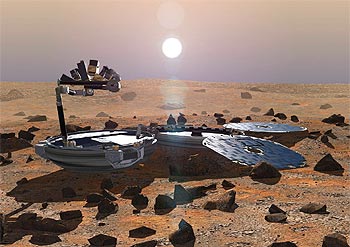 Simulación del momento en el que el pequeño robot  Beagle2  caerá en Marte, previsto para el día 25.