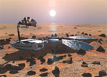 Ilustración de la sonda de descenso  Beagle 2  desplegada en la superficie de Marte.