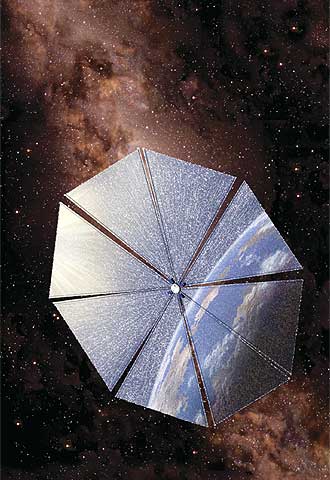 Recreación artística de la nave, una vez haya desplegado sus velas y comience su vuelo en torno a la Tierra.