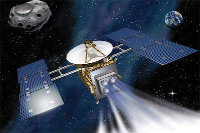 Recreación hecha por la Agencia Espacial de Japón de la  Hayabusa  en su camino hacia el asteroide Itokawa.