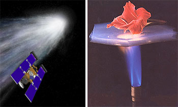 Ilustración del paso de  Stardust  por la cola del cometa y una imagen que muestra lo buen aislante que es el aerogel: una flor encima de un trozo de aerogel no sufre las consecuencias de una llama situada debajo.