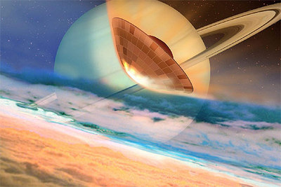 Recreación artística de la sonda  Cassini-Huygens  entrando en la atmósfera de Titán.