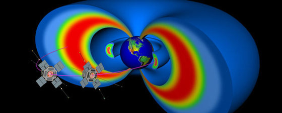 Representación artística de la estructura de los cinturones de radiación de Van Allen y de las trayectorias seguidas por los satélites geoestacionarios.