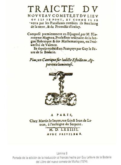 Portada de la edición francesa del  Libro del nuevo cometa  de Jerónimo Muñoz, recogida en el libro  Jerónimo Muñoz. Introducción a la Astronomía y la Geografía , coordinado por Víctor Navarro Brotons, Consell Valencià de Cultura.