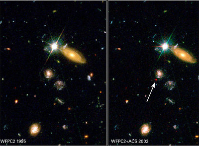La supernova SN2002dd es una de las más lejanas descubiertas y nos muestra una época del pasado en la que aún dominaban los efectos gravitatorios (atracción) sobre los de la energía oscura (repulsión).  A la izqda. se muestra una imagen de la misma región del cielo tomada en 1995, siete años antes de la explosión de la supernova.