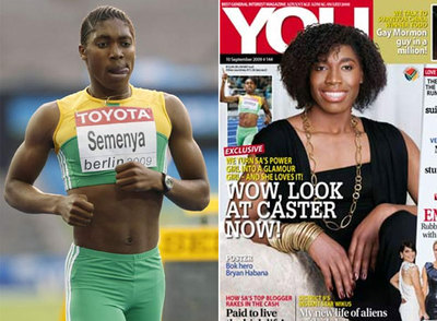 A la izquierda, la atleta surafricana durante los Mundiales de Atletismo. A la derecha, en la portada de la revista  You .