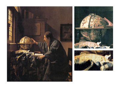 La obra  El astrónomo  de Vermeer y dos detalles del cuadro.
