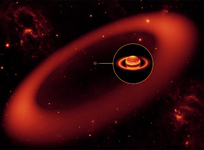 Recreación por ordenador de un nuevo y gigante anillo alrededor de Saturno, localizado por el telescopio espacial  Spitzer , de la NASA.