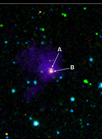 Imagen de las dos enanas marrones muy jóvenes (en rojo) en sus primeros momentos de formación. La imagen se puede encontrar en diferentes formatos y resoluciones  en esta  web.  