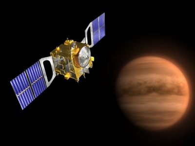 Ilustración de la sonda espacial  Venus Express , de la Agencia Europea del Espacio, en órbita del planeta vecino