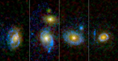 Cuatro de las galaxias alrededor de las cuales el  Hubble  ha observado anillos en el rango del ultravioleta, que se han coloreado en azul en la imagen.