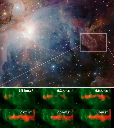 Imagen infrarroja de la Nebulosa de Orión (arriba), y una ampliación de la zona estudiada donde se observan las ondulaciones periódicas que producen una fragmentación de la nube en al menos cinco condensaciones más pequeñas y equidistantes (en azul).