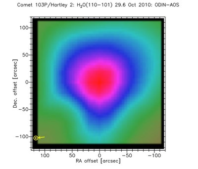 Mapa del agua en el cometa Hartley 2, según los datos del satélite  Odin  el 29 de octubre de 2010.