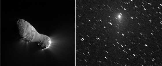 El núcleo del cometa 103PHartley 2, de unos dos kilómetros longitud, captado por la sonda  Deep Impact  desde 700 kilómetros de distancia el pasado 4 de noviembre. A la derecha, el cometa visto el 6 de noviembre desde 24,2 millones de kilómetros, la distancia que lo separaba de la Tierra.