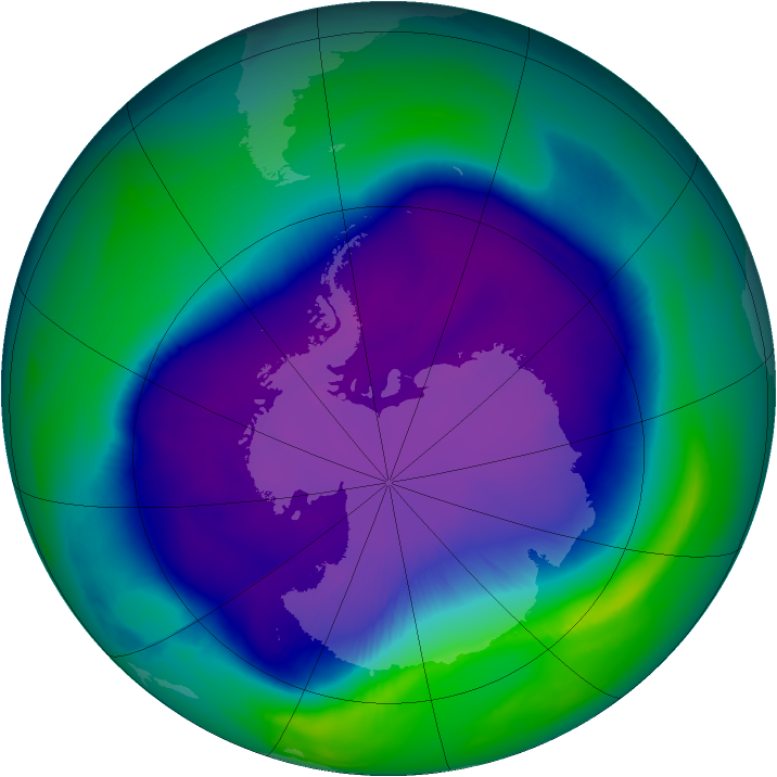 El mayor  agujero de ozono  sobre la Antártica detectado hasta ahora, el 24 de septiembre de 2006.