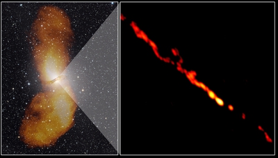 La galaxia elíptica Centauro A (izquierda) y detalles de los chorros de partículas (que se extienden hasta casi un millón de años luz desde el centro) captados por los científicos del proyecto Tanami.