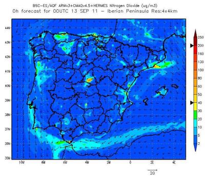 Estado de la calidad del aire en la medianoche del 13 al 14, cuando los niveles de NO2 estaban muy altos en Madrid.