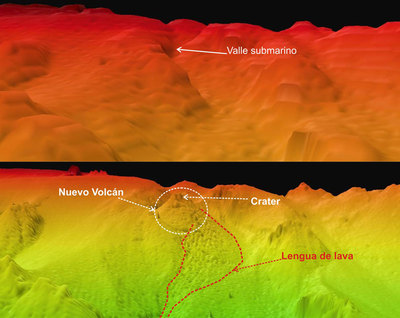 Modelo digital de terreno elaborado a partir de los datos recogidos por el buque 'Hespérides' en 1998 en la zona de El Hierro y el realizado el 24 de octubre de 2011 con la información del barco 'Ramón Margalef'.
