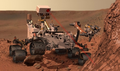 Ilustración del robot  Curiosity  analizando una roca en Marte.