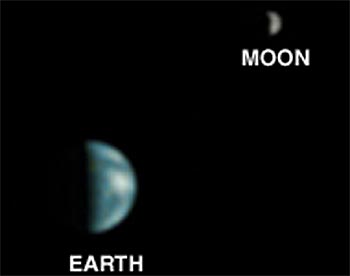 La Tierra, vista desde 150 millones de kilómetros, es un pequeño punto azul alrededor del cual gira la Luna.