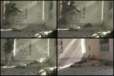 Cuatro imágenes extraídas del vídeo en las que se ve al  marine  apuntar y disparar contra el rebelde.