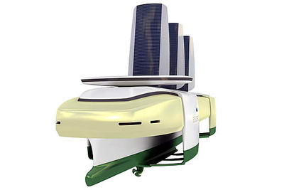 Imagen digital que representa al  Orcelle , un barco diseñado por WW para moverse con energías naturales reduciendo al máximo la contaminación. Se muestra en Aichi 2005.