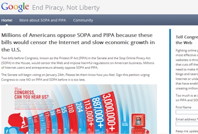 Página de Estados Unidos de Google en la que manifiesta su protesta contras las leyes antipiratería.